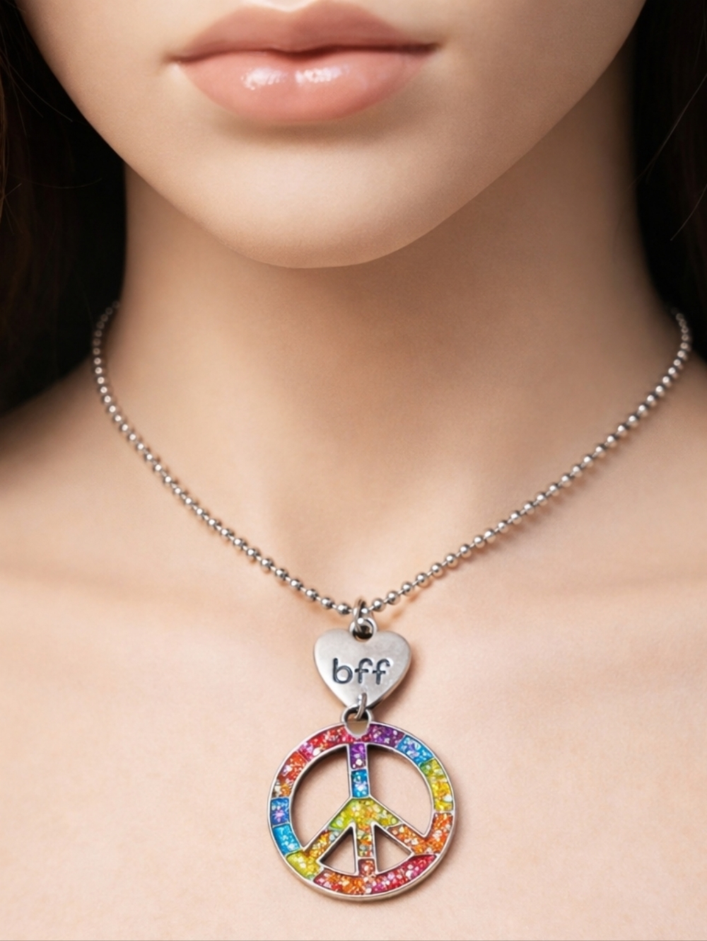 Xhilaration Silver Rainbow Peace Sign BFF Necklace Set Of 2 - Friendship Jewelry
